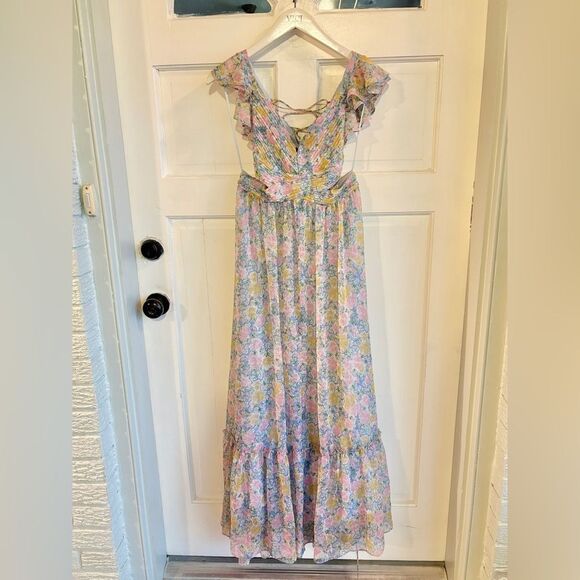 New ASTER the label revolve Primrose Floral Strappy Back Maxi Dress blue pink - Picture 5 of 10